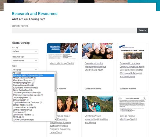 A screen shot of the research and resources area.