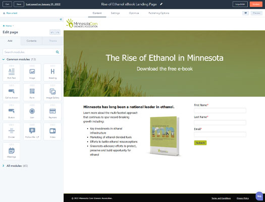 Screen capture of HubSpot landing page builder.