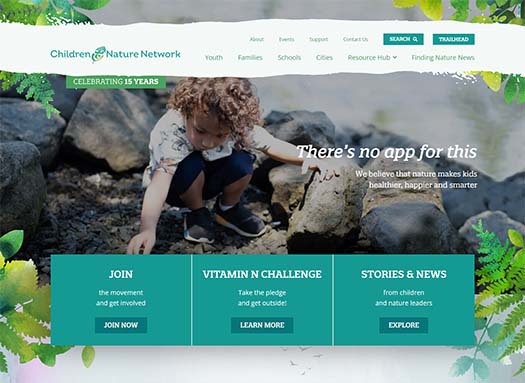 Screen capture of new Children & Nature Network WordPress site homepage.